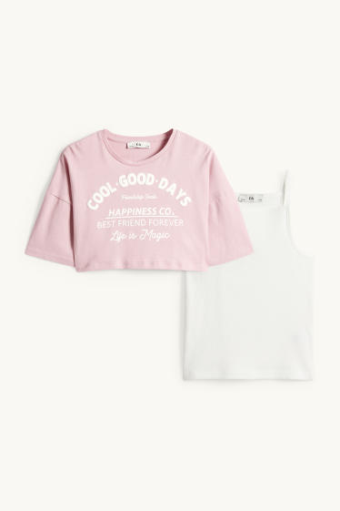 Copii - Fete - Set - tricou cu mânecă scurtă și top - 2 piese - alb / roz