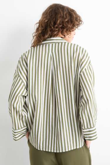 Mujer - Blusa con escote en pico - mezcla de lino - de rayas - blanco / verde