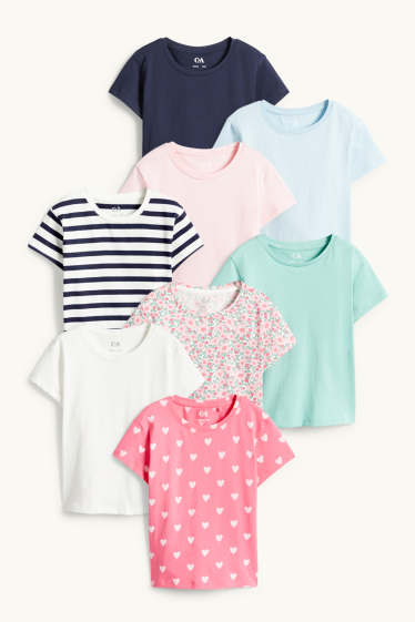 Niñas - Pack de 8 - corazones y flores - camisetas de manga corta - blanco / fucsia