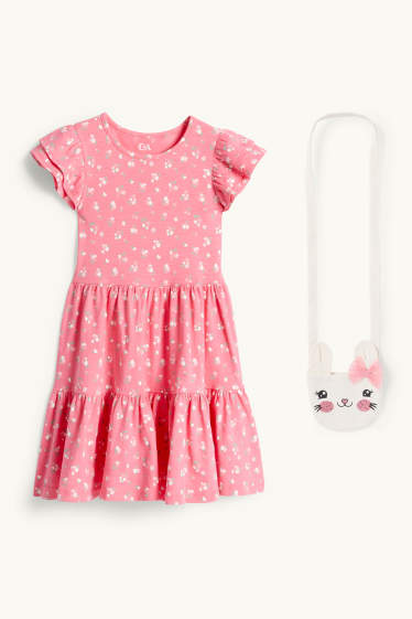 Enfants filles - Lapins - ensemble - robe et sac - 2 pièces - effet brillant - rose