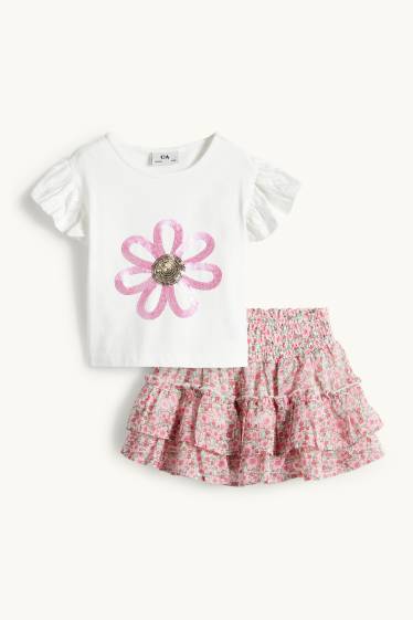 Kinderen: meisjes - Bloem - set - T-shirt en rok - 2-delig - wit / roze