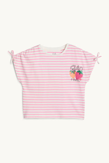 Enfants filles - Fraises - T-shirt - à rayures - effet brillant - blanc / rose