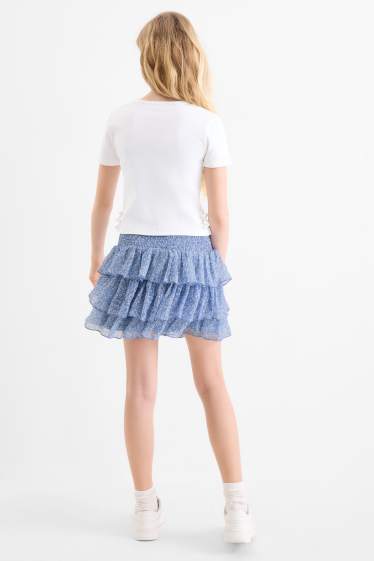 Enfants filles - Fleurs - ensemble - T-shirt et jupe - 2 pièces - bleu / blanc