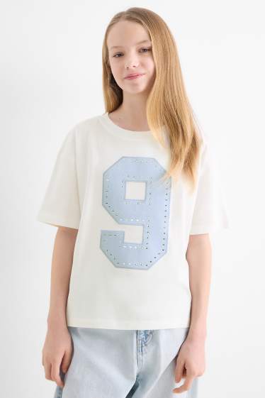 Bambine - T-shirt con strass - effetto brillante - bianco / blu