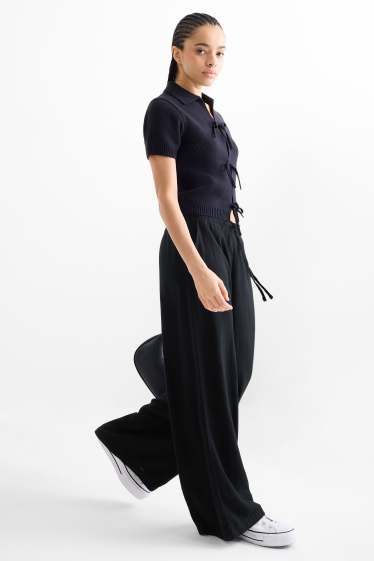 Femmes - Pantalon de toile en lin mélangé - mid waist - loose fit - noir