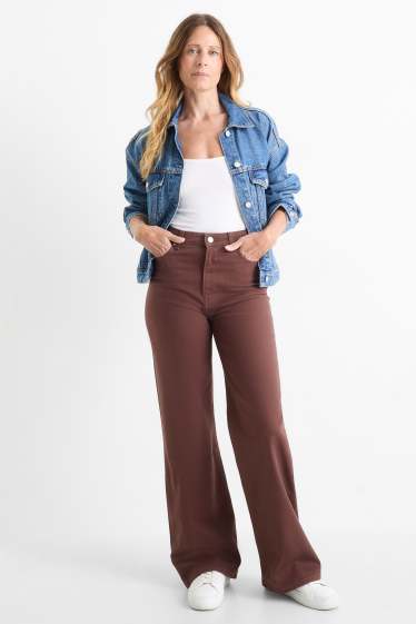 Femmes - Pantalon en toile - high waist - wide leg - marron