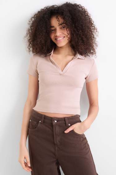 Women - Cropped polo shirt - slim fit - ribbed - rose