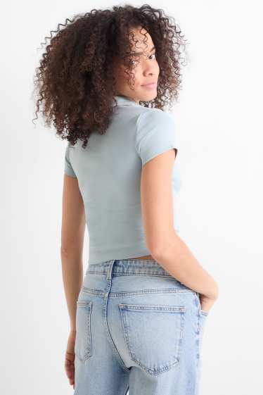 Women - Cropped polo shirt - slim fit - ribbed - light blue