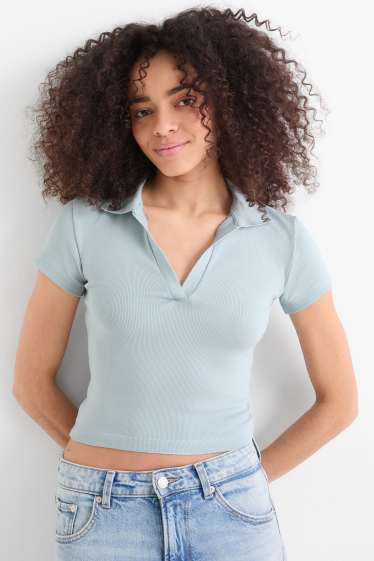 Women - Cropped polo shirt - slim fit - ribbed - light blue