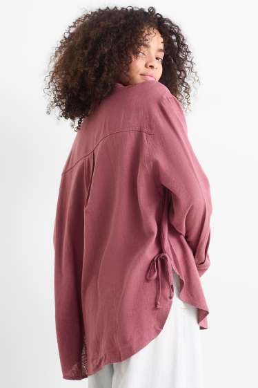 Dámské - Košilová halenka s lněným podílem - tmavě růžová