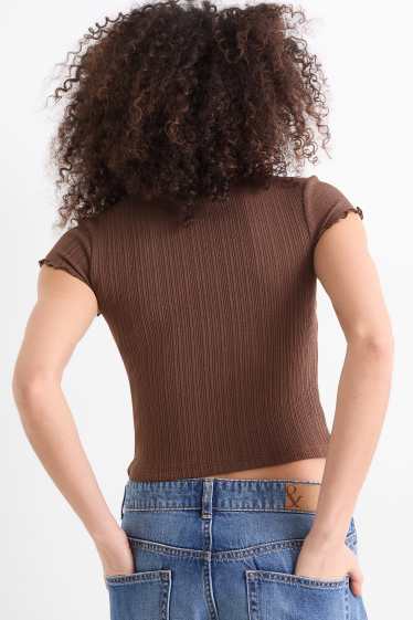 Dames - Kort T-shirt - slim fit - geribd - bruin