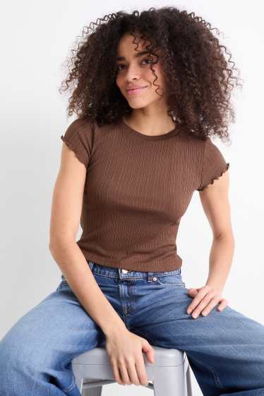 Dames - Kort T-shirt - slim fit - geribd - bruin