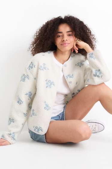 Femmes - Veste en peluche - à fleurs - blanc / bleu clair