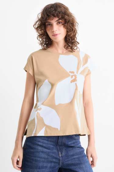 Donna - T-shirt - regular fit - a fiori - bianco / beige