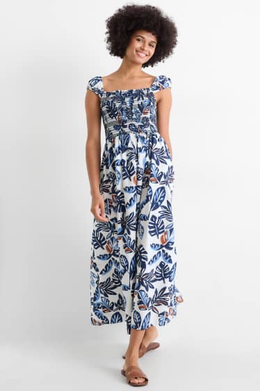 Femmes - Robe - à motif - smockée - bleu foncé / blanc crème