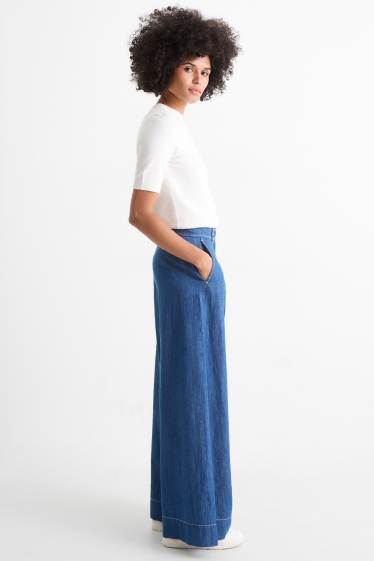 Femei - Pantaloni de stofă - talie înaltă - wide leg - aspect de jeans - albastru închis