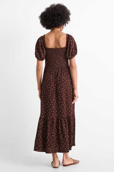 Donna - Vestito fit & flare - a pois - tessuto tramato - arricciato - marrone
