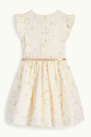 Copii - Fete - Floare - rochie cu curea - aspect lucios - de ocazie - alb-crem