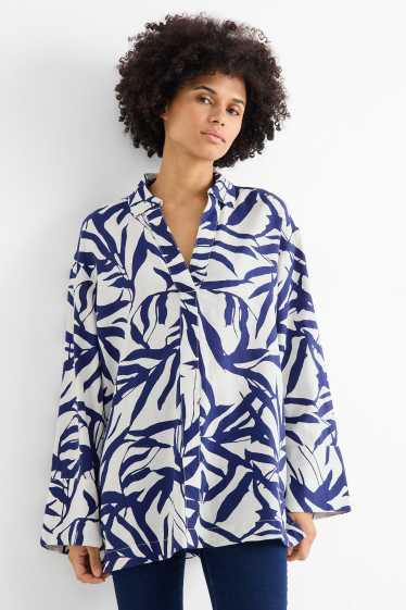 Damen - Bluse mit V-Ausschnitt - Leinen-Mix - gemustert - weiß / blau