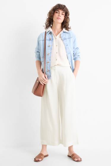 Femei - Pantaloni office cu conținut de in - talie înaltă - wide leg - alb-crem