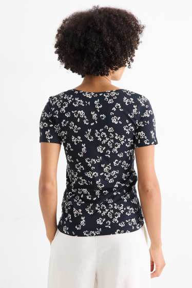 Donna - T-shirt con scollo a V - slim fit - a fiori - blu scuro