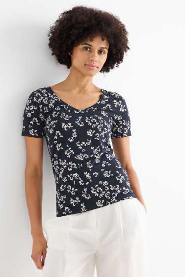 Donna - T-shirt con scollo a V - slim fit - a fiori - blu scuro