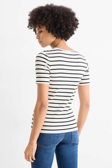 Damen - T-Shirt - Slim Fit - gerippt - gestreift - weiss / schwarz