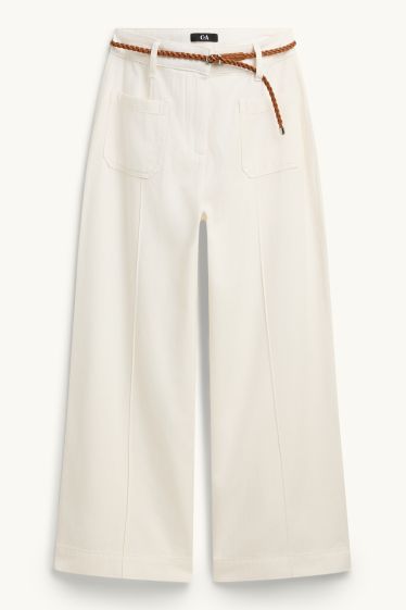 Damen - Crop Stoffhose mit Gürtel - Mid Waist - Wide Leg - weiss
