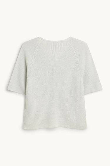 Damen - Strickpullover - kurzarm - Glanz-Effekt - weiß / silber