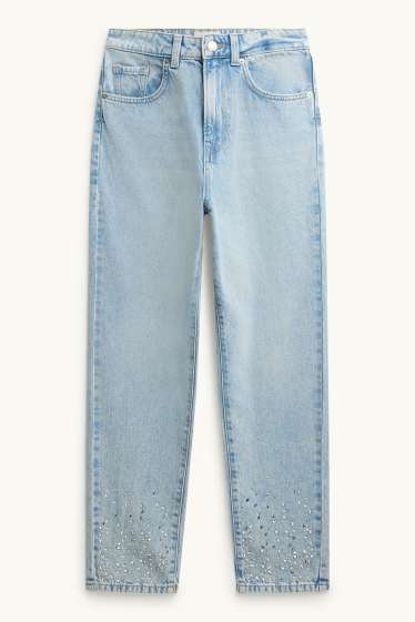Damen - Mom Jeans mit Strasssteinen - High Waist - hellblau
