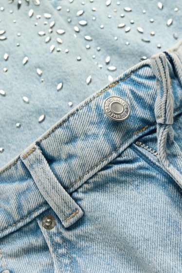 Damen - Mom Jeans mit Strasssteinen - High Waist - hellblau