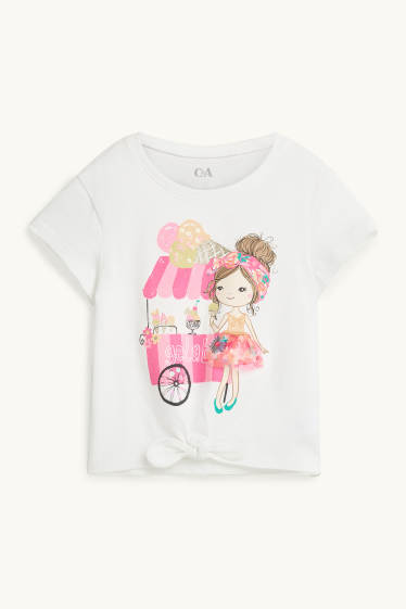 Children Girls - Girl and ice cream - short sleeve T-shirt - shiny - white