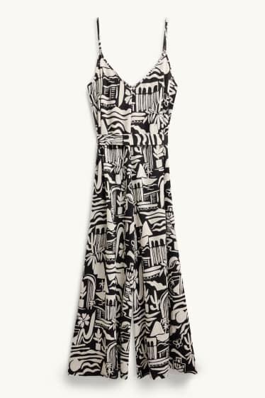 Femei - Salopetă cu decolteu în V și curea - cu model - negru / alb