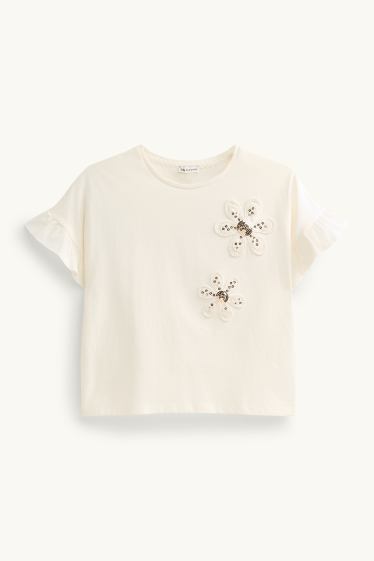 Bambine - Fiore - maglia a maniche corte - effetto brillante - bianco crema