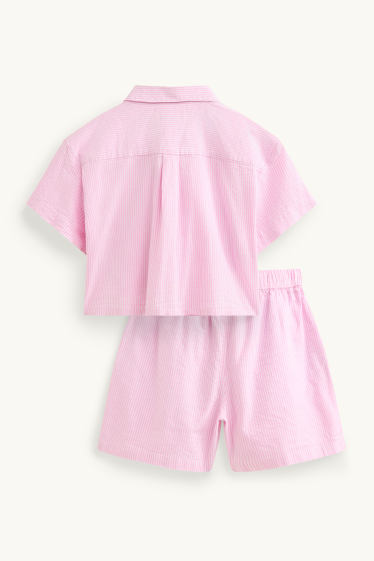 Kinderen: meisjes - Set - blouse en korte broek - 2-delig - gestreept - roze