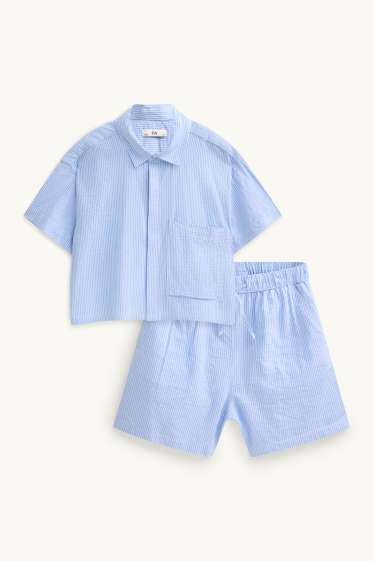 Enfants filles - Ensemble - chemisier et short - 2 pièces - à rayures - bleu / blanc
