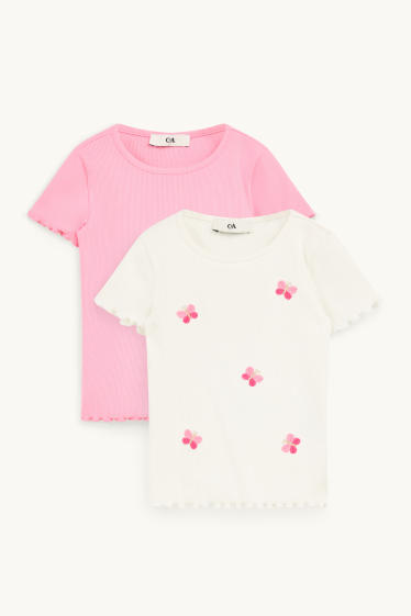 Kinder Mädchen - Multipack 2er - Schmetterling - Kurzarmshirt - gerippt - weiss / pink