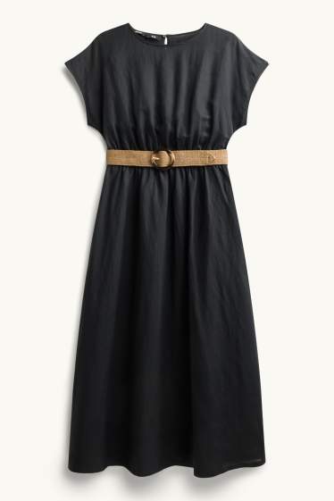 Dámské - Šaty fit & flare s páskem - lněná směs - černá