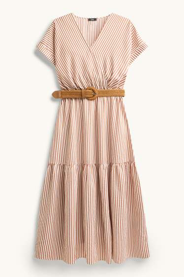 Damen - Kleid mit Gürtel und V-Ausschnitt - gestreift - hellbraun