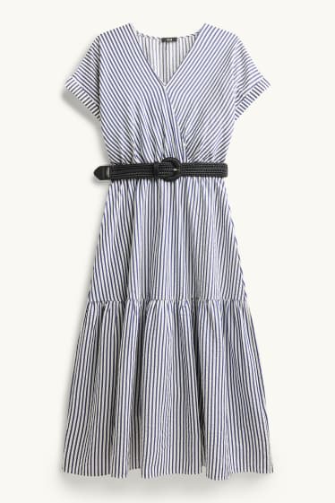 Damen - Kleid mit Gürtel und V-Ausschnitt - gestreift - blau
