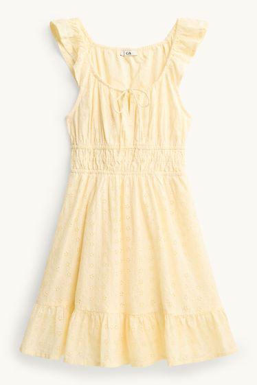 Dames - Jurk - broderie anglaise - geel