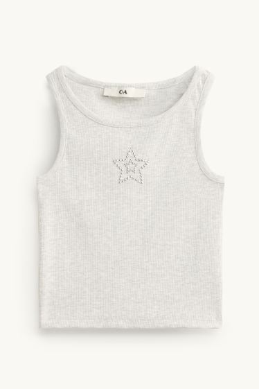Děti - dívky - Hvězda - top se štrasovými kamínky - žebrovaný - světle šedá