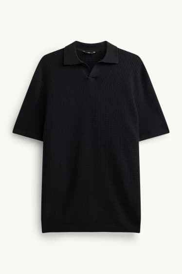 Heren - Gebreid poloshirt - relaxed fit - met structuur - zwart