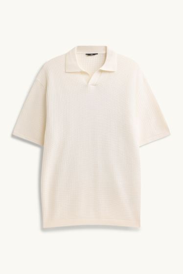 Heren - Gebreid poloshirt - relaxed fit - met structuur - crème wit