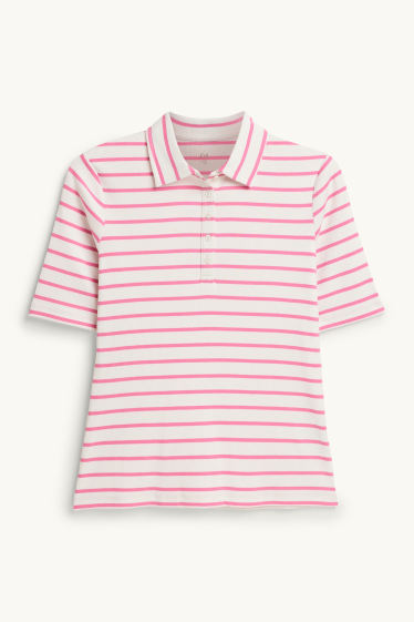 Women - Polo shirt - regular fit - ribbed - striped - white / pink