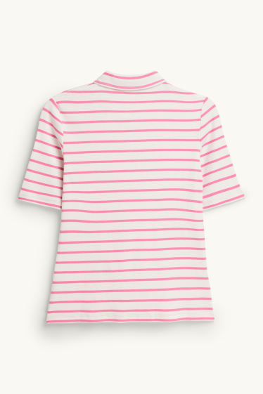 Women - Polo shirt - regular fit - ribbed - striped - white / pink