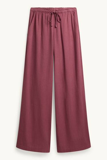 Mujer - Pantalón de tela con parte de lino - mid waist - loose fit - rojo oscuro
