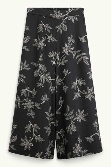 Damen - Stoffhose - Mid Waist - Wide Leg - geblümt - schwarz