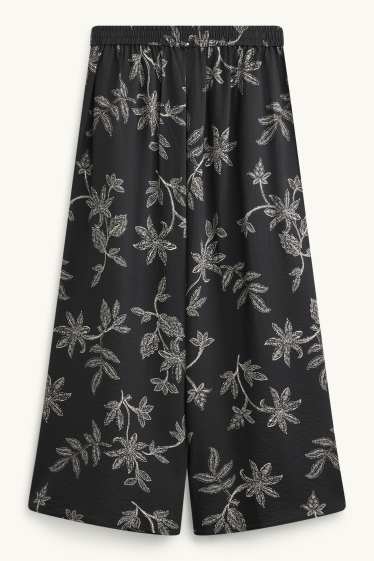 Damen - Stoffhose - Mid Waist - Wide Leg - geblümt - schwarz