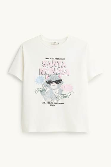 Kinder Mädchen - Katze - Kurzarmshirt - Glanz-Effekt - weiss